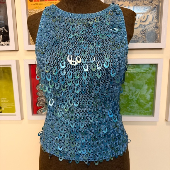 Vintage 90s Teal Crochet Sequin Tank Top - Picture 1 of 5